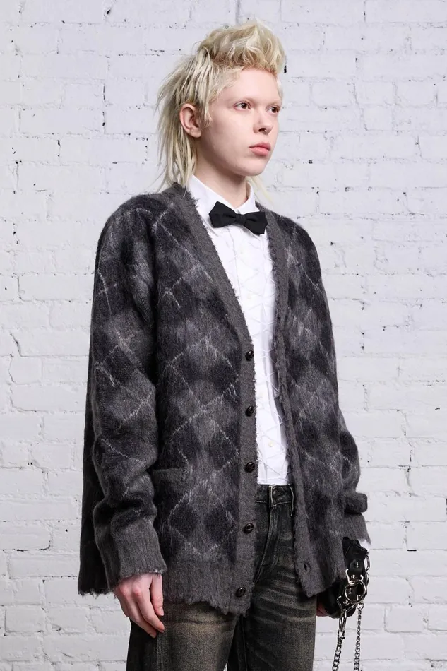 R13 Sweaters Women OVERSIZED DISTRESSED EDGE CARDIGAN 8211 CHARCOALBLACK ARGYLE