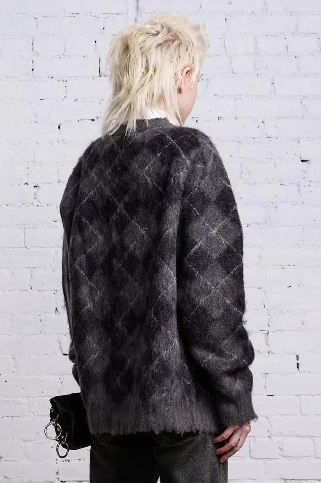 R13 Sweaters Women OVERSIZED DISTRESSED EDGE CARDIGAN 8211 CHARCOALBLACK ARGYLE