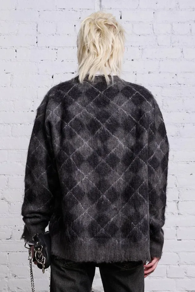 R13 Sweaters Women OVERSIZED DISTRESSED EDGE CARDIGAN 8211 CHARCOALBLACK ARGYLE