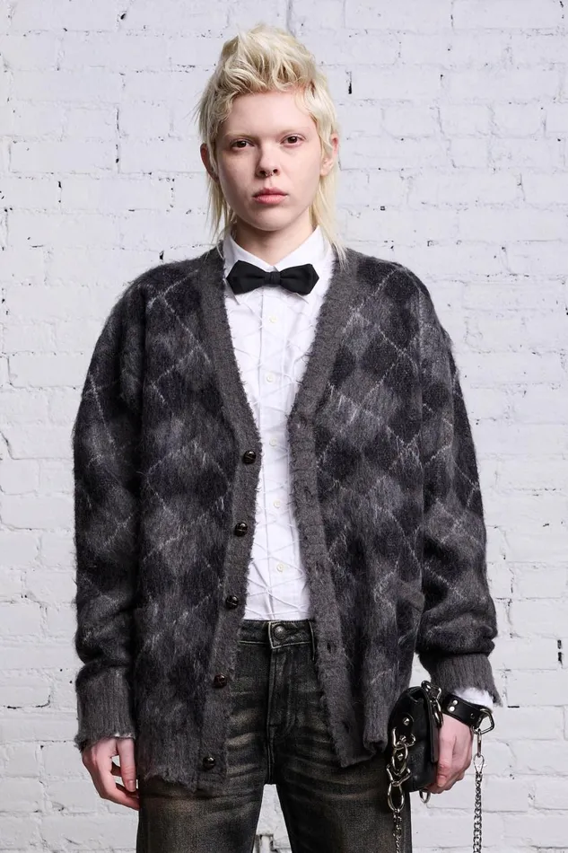 R13 Sweaters Women OVERSIZED DISTRESSED EDGE CARDIGAN 8211 CHARCOALBLACK ARGYLE