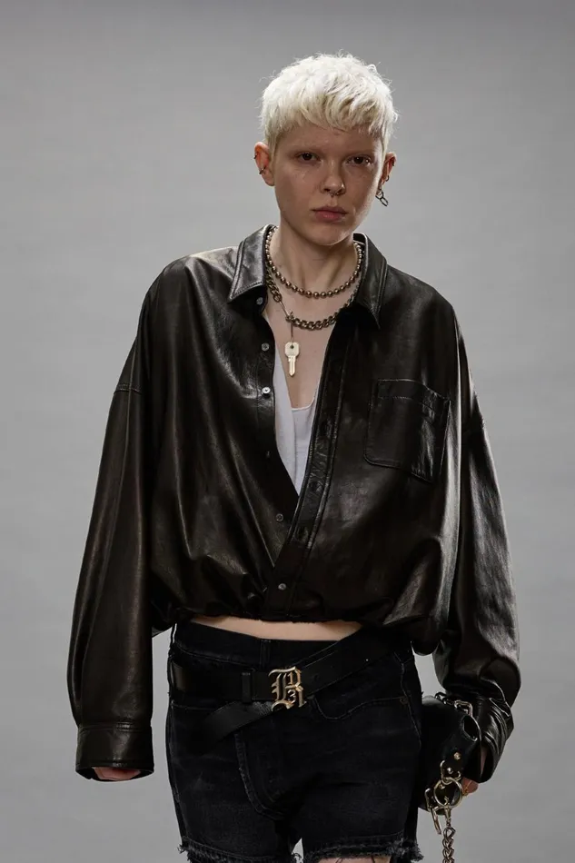 R13 Tops Women CROSSOVER LEATHER BUBBLE SHIRT 8211 BLACK