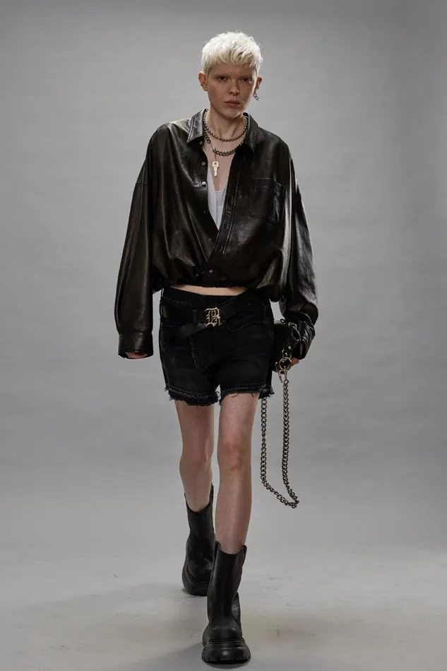 R13 Tops Women CROSSOVER LEATHER BUBBLE SHIRT 8211 BLACK
