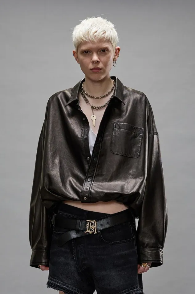 R13 Tops Women CROSSOVER LEATHER BUBBLE SHIRT 8211 BLACK