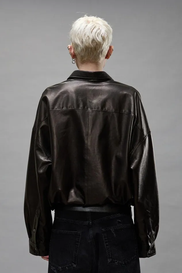 R13 Tops Women CROSSOVER LEATHER BUBBLE SHIRT 8211 BLACK