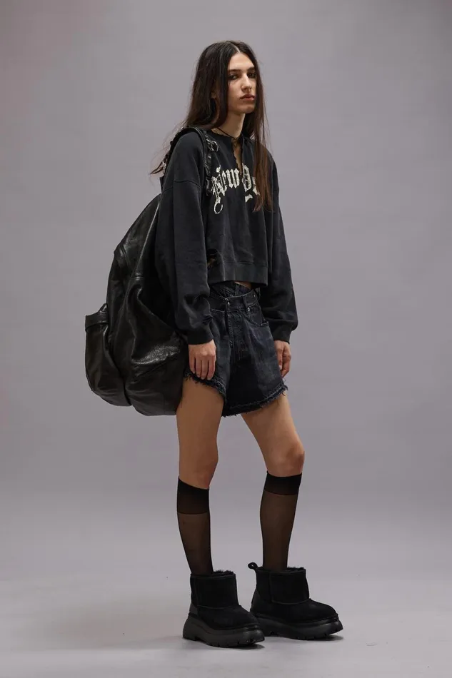 R13 Tops Women NEW YORK CROPPED CREWNECK WITH FRONT SLIT 8211 ACID BLACK
