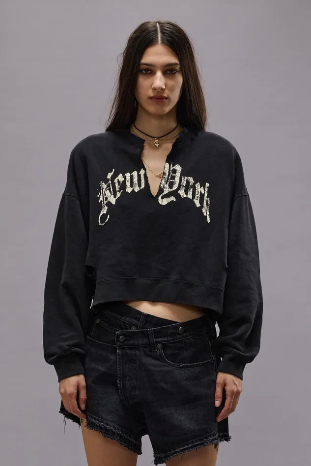 R13 Tops Women NEW YORK CROPPED CREWNECK WITH FRONT SLIT 8211 ACID BLACK