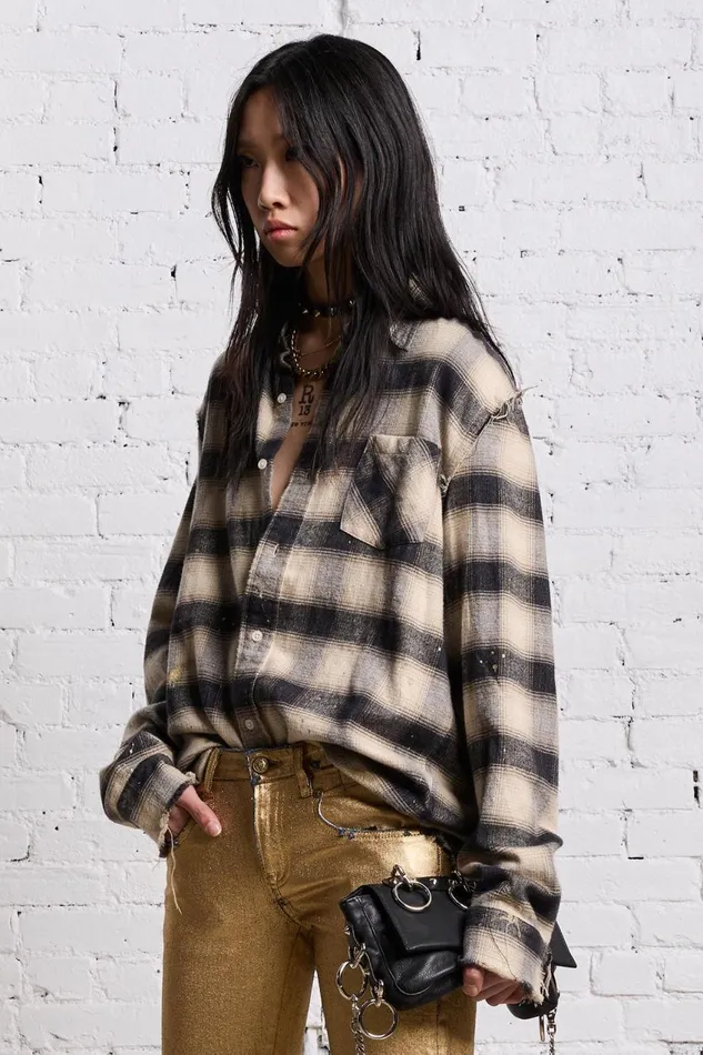 R13 Tops Women SHREDDED SEAM SHIRT 8211 GOLD SPLATTERED BLACK PLAID