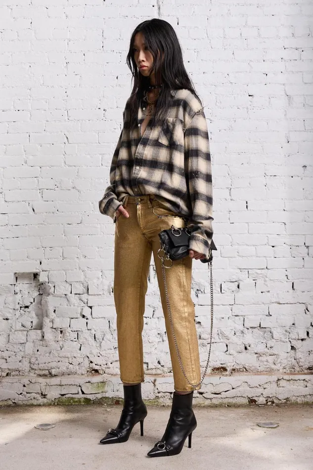 R13 Tops Women SHREDDED SEAM SHIRT 8211 GOLD SPLATTERED BLACK PLAID