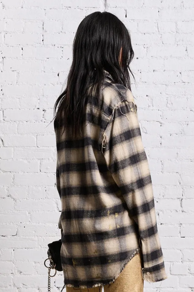 R13 Tops Women SHREDDED SEAM SHIRT 8211 GOLD SPLATTERED BLACK PLAID