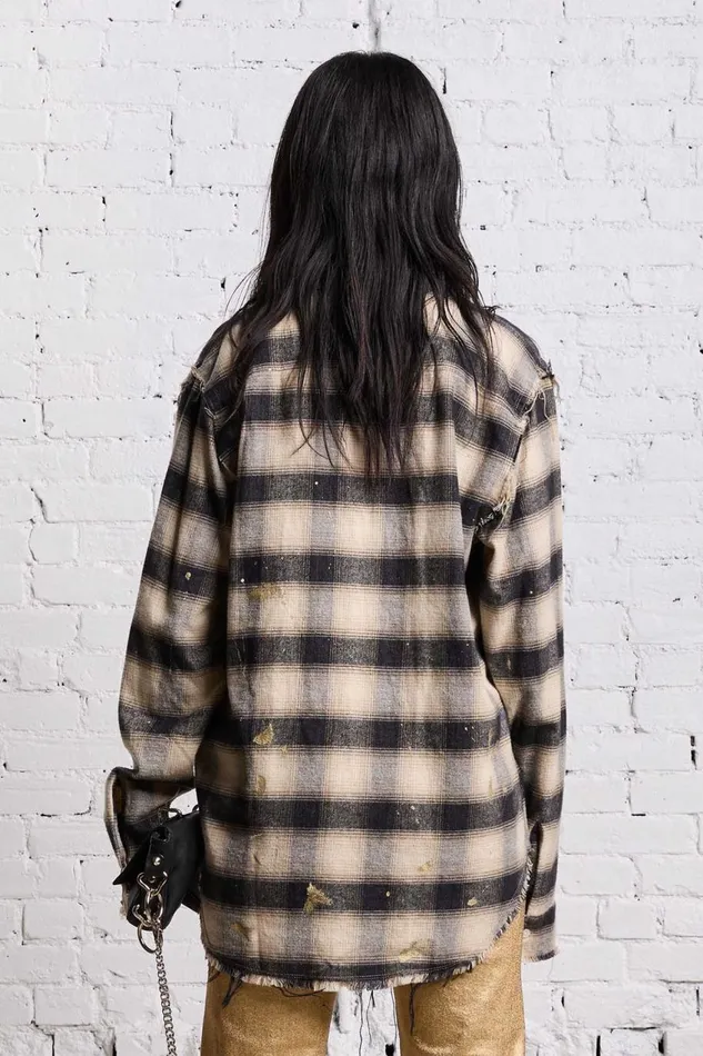 R13 Tops Women SHREDDED SEAM SHIRT 8211 GOLD SPLATTERED BLACK PLAID