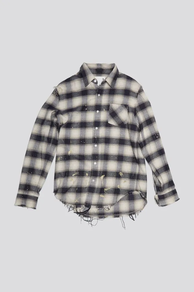 R13 Tops Women SHREDDED SEAM SHIRT 8211 GOLD SPLATTERED BLACK PLAID