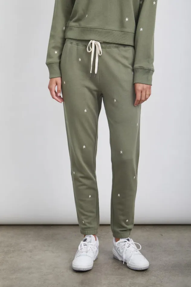 Rails Sleepwear and Lounge Women KINGSTON SWEATPANT Olive Embroidered Ivory Stars