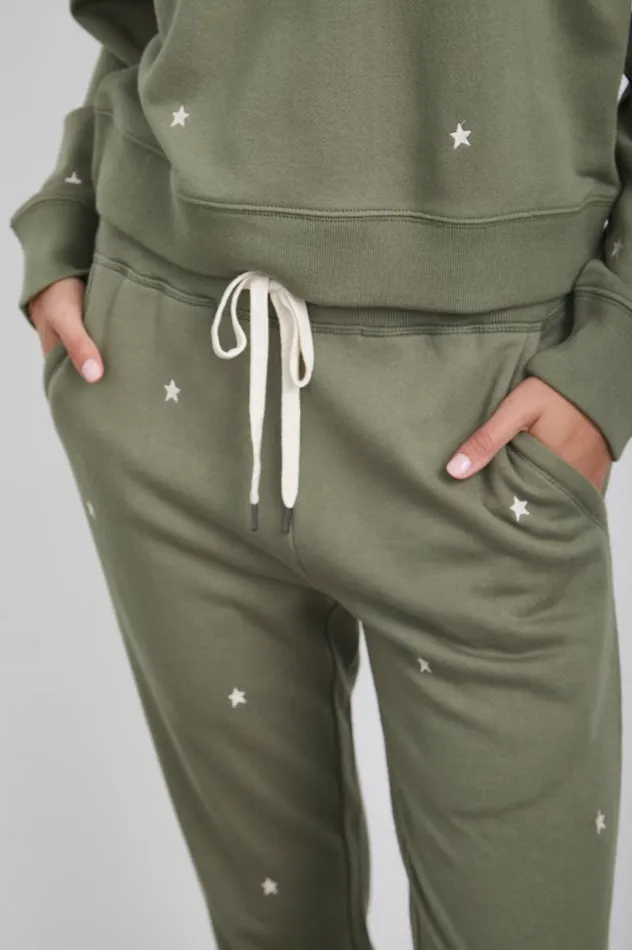 Rails Sleepwear and Lounge Women KINGSTON SWEATPANT Olive Embroidered Ivory Stars