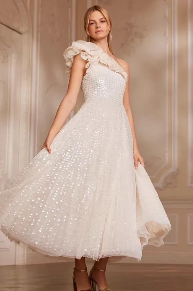 Raindrop OneShoulder Ankle Gown Champagne Women Needle and Thread Dresses