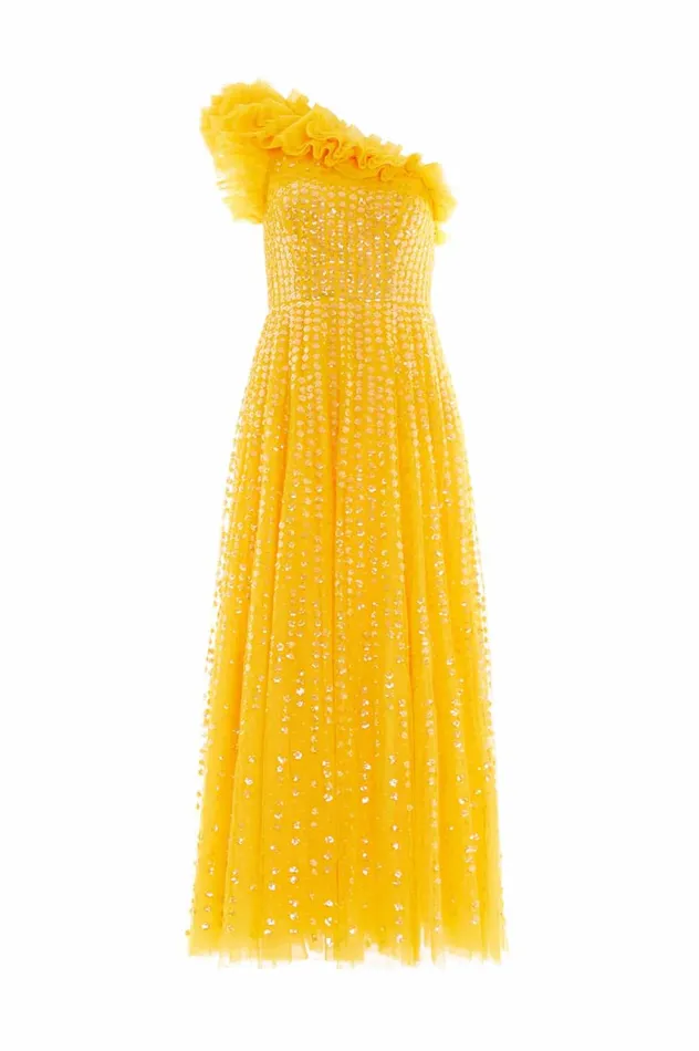 Raindrop OneShoulder Ankle Gown Yellow Women Needle and Thread Dresses