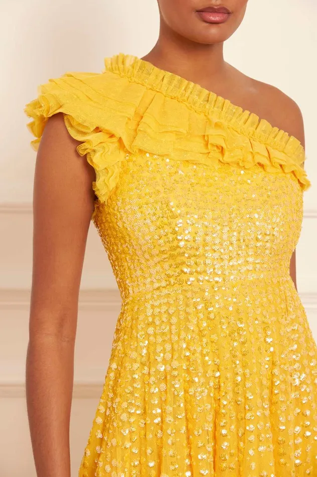Raindrop OneShoulder Ankle Gown Yellow Women Needle and Thread Dresses