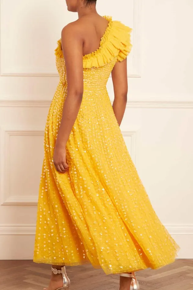 Raindrop OneShoulder Ankle Gown Yellow Women Needle and Thread Dresses