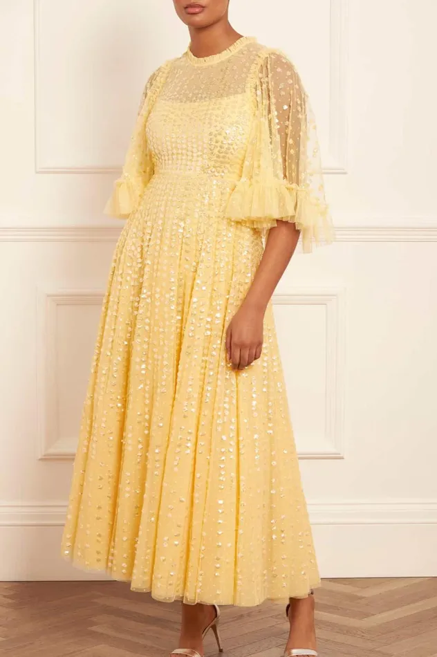 Raindrop Short Sleeve Ankle Gown Yellow Women Needle and Thread Dresses