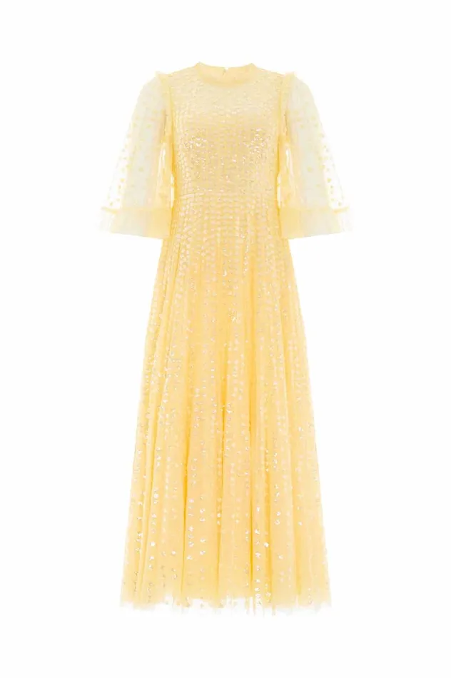 Raindrop Short Sleeve Ankle Gown Yellow Women Needle and Thread Dresses