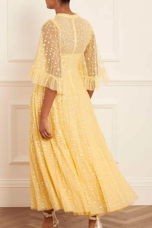 Raindrop Short Sleeve Ankle Gown Yellow Women Needle and Thread Dresses