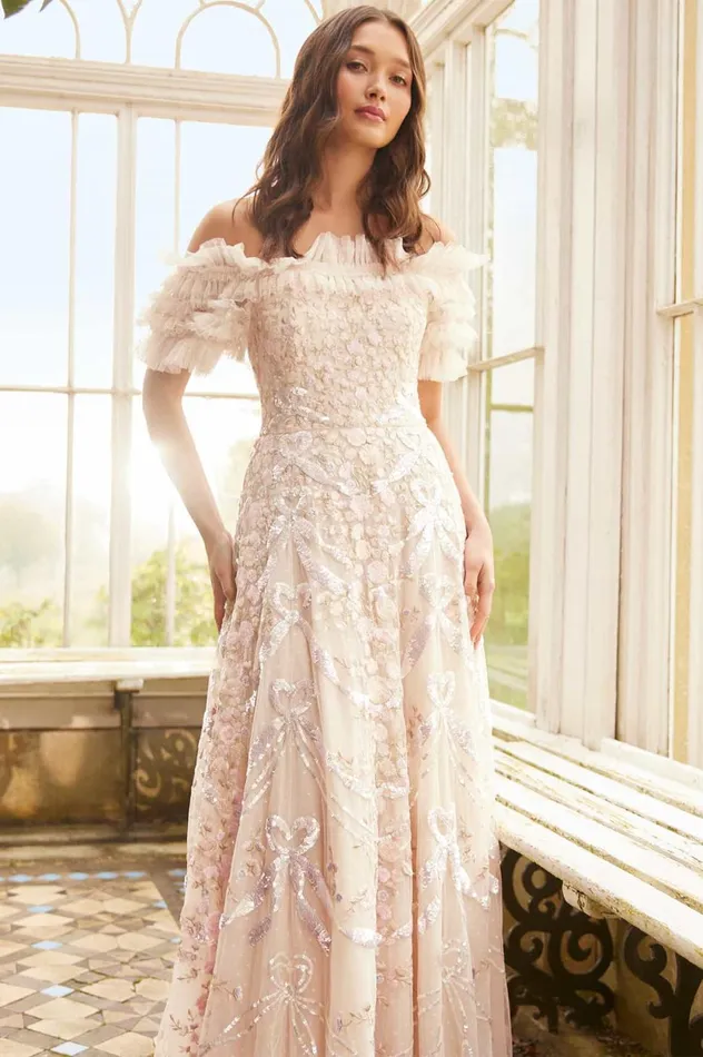 Ribbon Heart OffShoulder Ankle Gown Champagne Women Needle and Thread Dresses