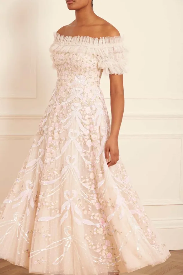 Ribbon Heart OffShoulder Ankle Gown Champagne Women Needle and Thread Dresses
