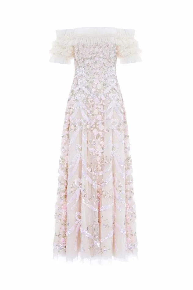Ribbon Heart OffShoulder Ankle Gown Champagne Women Needle and Thread Dresses