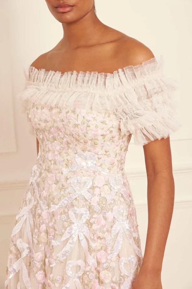 Ribbon Heart OffShoulder Ankle Gown Champagne Women Needle and Thread Dresses
