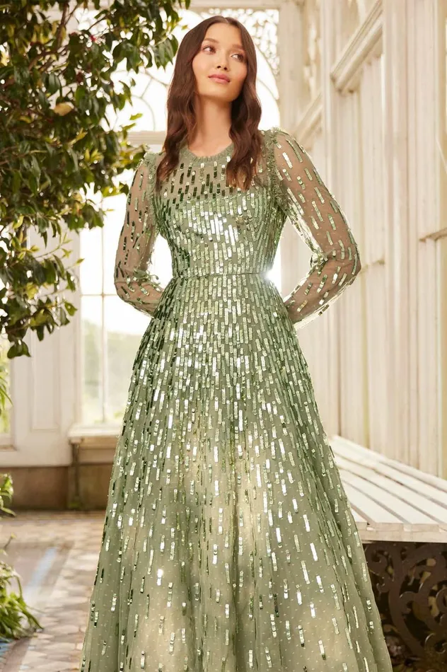 Sequin Dash Long Sleeve Ankle Gown Green Women Needle and Thread Dresses