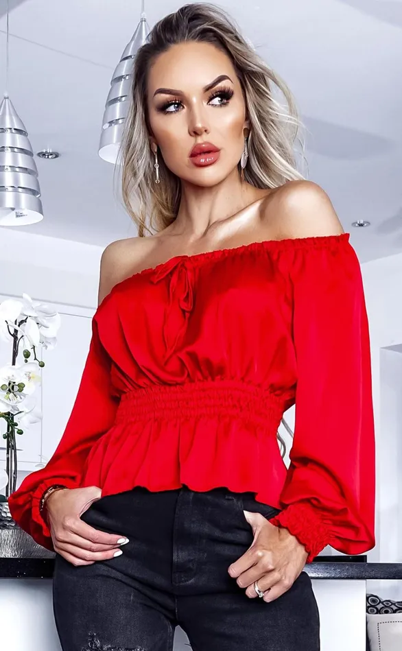 Serena Red Satin Bardot Cropped Top Women Missfiga Tops