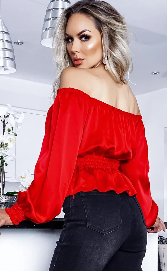 Serena Red Satin Bardot Cropped Top Women Missfiga Tops