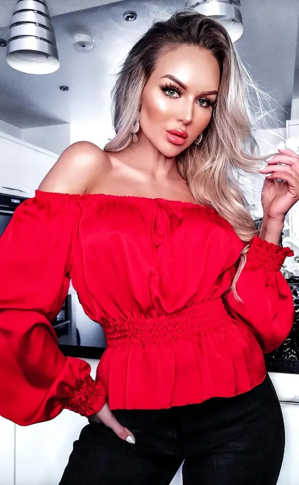 Serena Red Satin Bardot Cropped Top Women Missfiga Tops