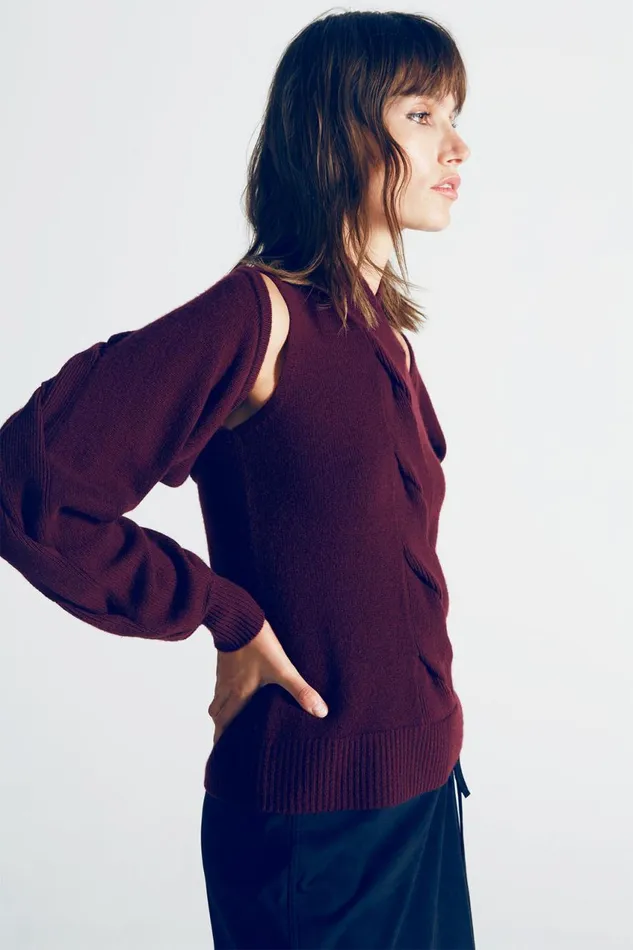 Sets Women Halston Auden Wool Cash Cable Shrug Merlot