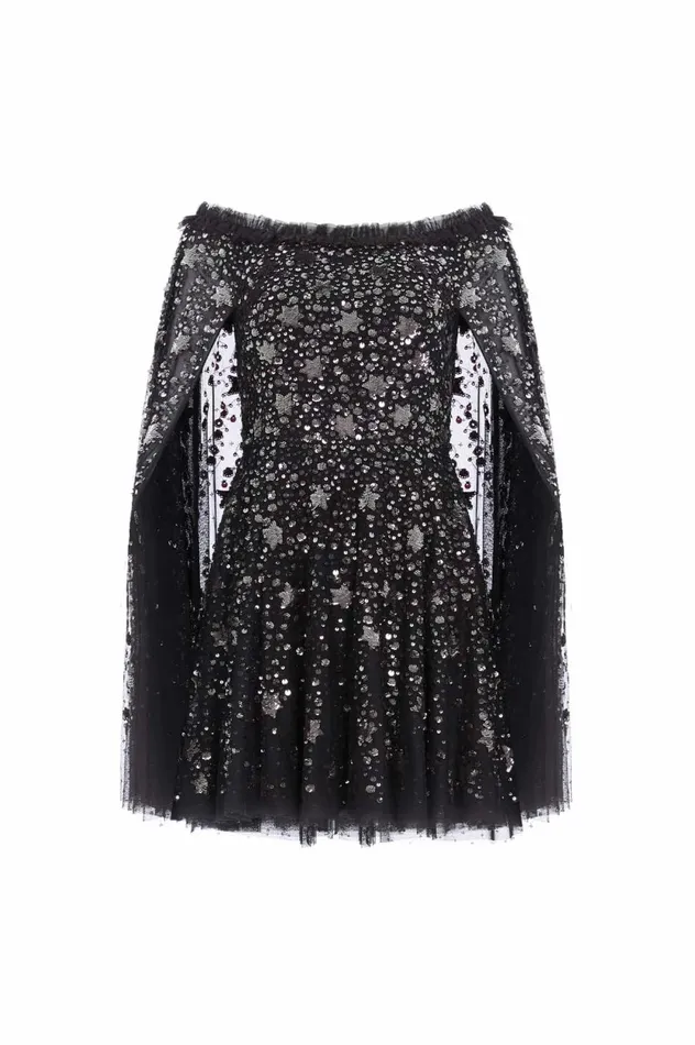 Shooting Stars Cape Micro Mini Dress Black Women Needle and Thread Dresses