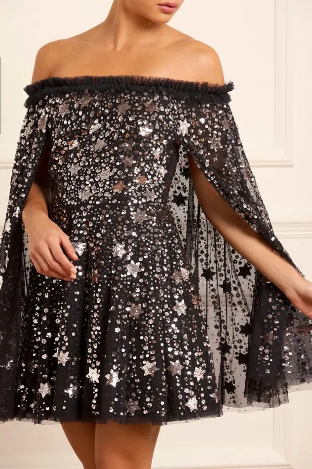 Shooting Stars Cape Micro Mini Dress Black Women Needle and Thread Dresses