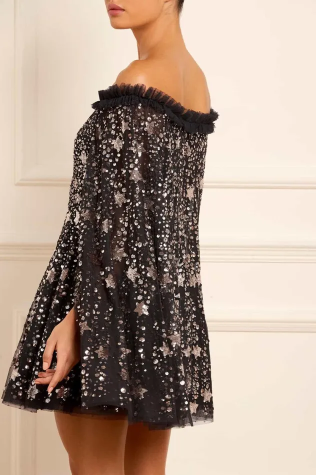 Shooting Stars Cape Micro Mini Dress Black Women Needle and Thread Dresses