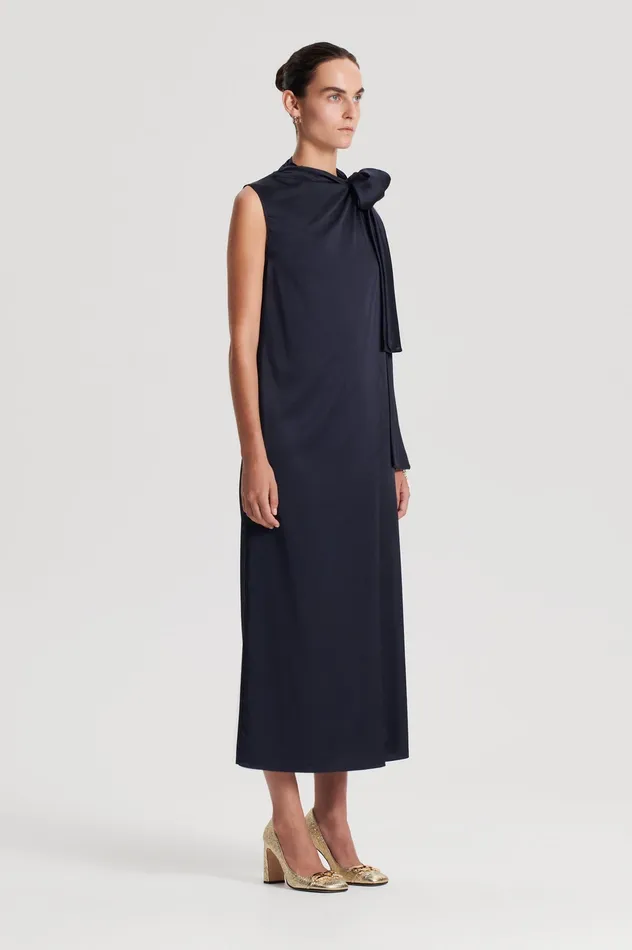 SILK CRAVAT DRESS NAVY Dresses Scanlan Theodore Women SILK CRAVAT DRESS NAVY Dresses Scanlan Theodore Women