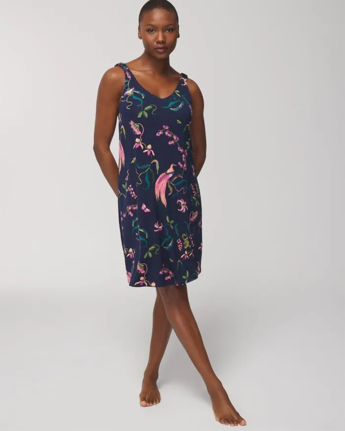 Soma Cool Nights Shirred Strap Chemise Patterned Palms Navy Women Matching Sets and Separates