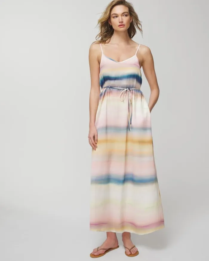 Soma Crinkle Satin Strappy Maxi Bra Dress Dreamscape Stripe Pink Women Long Dresses