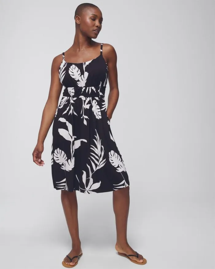 Soma Soft Jersey Relaxed Shirred Waist Bra Dress Shadow Flora Black Women Short Dresses