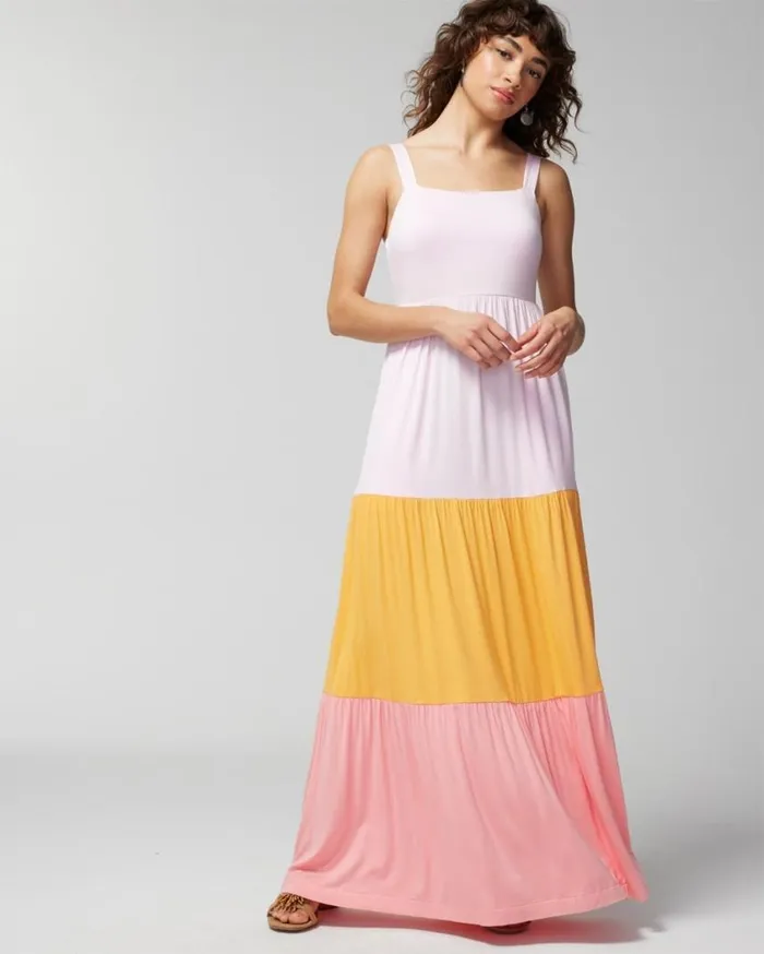 Soma Soft Jersey Trapeze Maxi Bra Dress Colorblock Party Pink Women Long Dresses