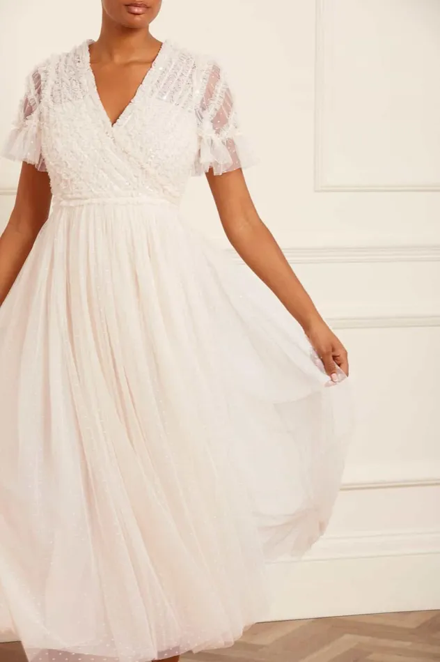 Spiral Sequin Bodice VNeck Ankle Gown Champagne Women Needle and Thread Dresses