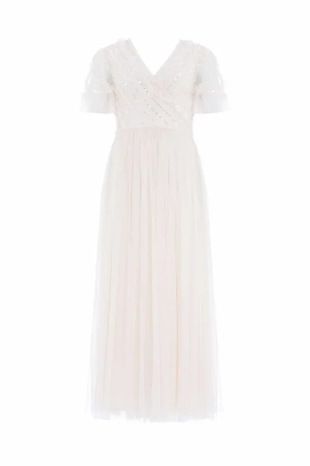 Spiral Sequin Bodice VNeck Ankle Gown Champagne Women Needle and Thread Dresses