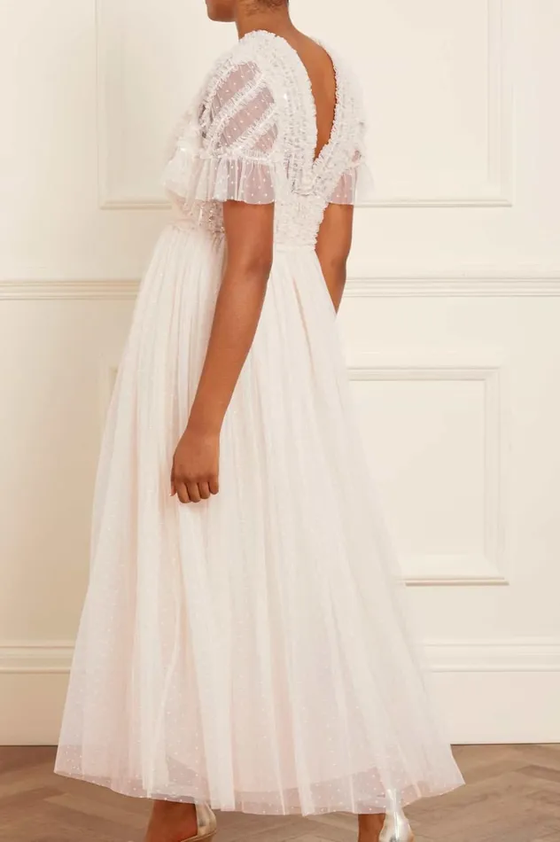 Spiral Sequin Bodice VNeck Ankle Gown Champagne Women Needle and Thread Dresses