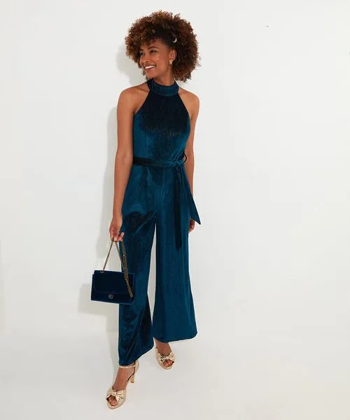 Statement Velour Jumpsuit Teal Jeans and Trousers Joebrowns Apparel