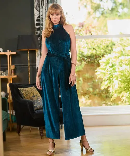 Statement Velour Jumpsuit Teal Jeans and Trousers Joebrowns Apparel