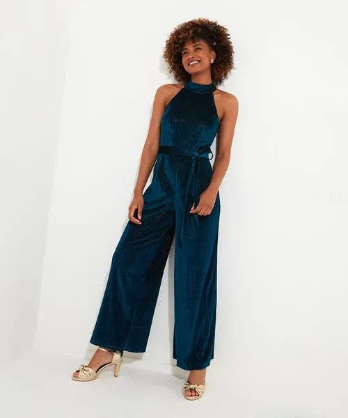 Statement Velour Jumpsuit Teal Jeans and Trousers Joebrowns Apparel