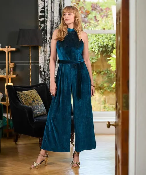 Statement Velour Jumpsuit Teal Jeans and Trousers Joebrowns Apparel