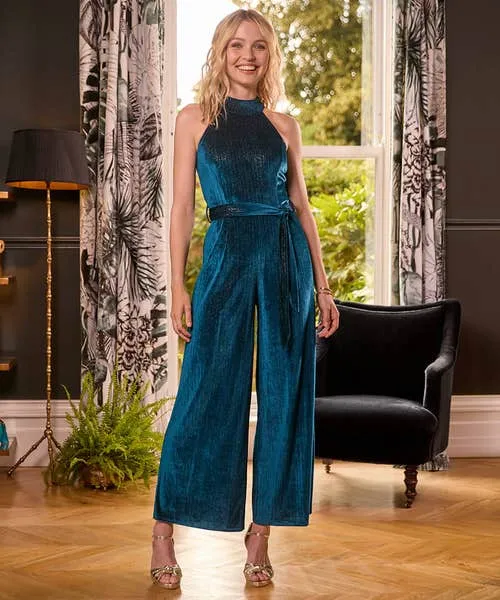 Statement Velour Jumpsuit Teal Jeans and Trousers Joebrowns Apparel