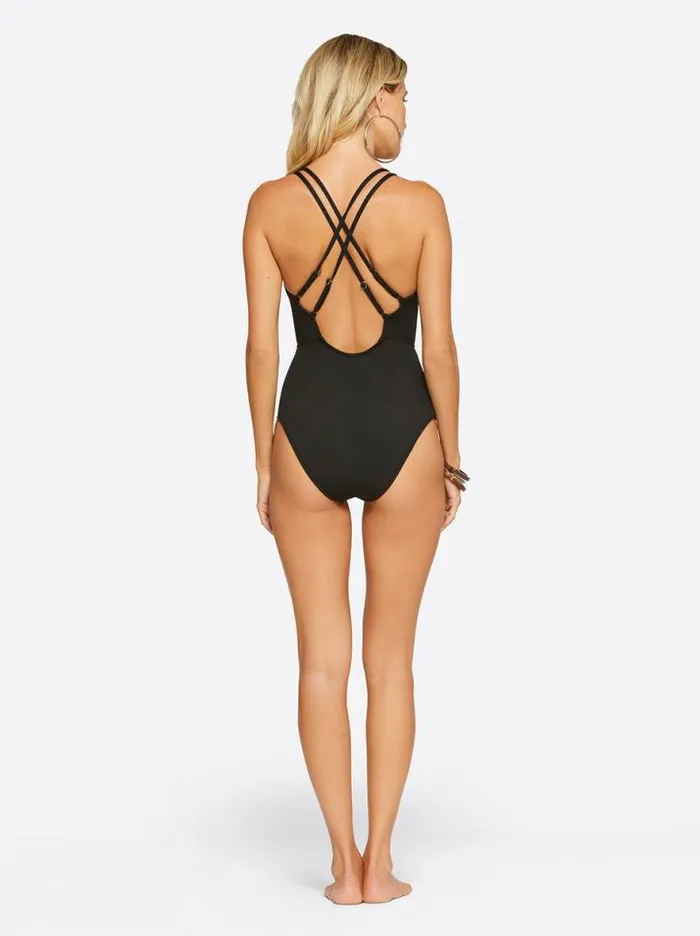 Swim Clothing Jessica Simpson Textured Solids Plunge One Piece In Black